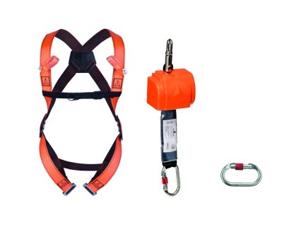 Sada pro zachycení pádu s postrojem s dvoubarevnými popruhy a samonavíjecí cívkou popruhu pro krátké výstupy (Barva Oranžová, Velikost S/M/L)