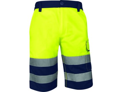 Reflexní multikapesní pracovní bermudy třídy 2, které jsou dobře viditelné v podmínkách s nízkou úrovní světla a v nebezpečném prostředí (Barva ​Fluo žlutá-Nám. modrá, Velikost 3XL)