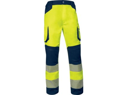 Reflexní strečové multikapesní pracovní kalhoty třídy 2, segmentované pásy pro dobrou viditelnost v nebezpečném prostředí nebo v prostředí s nízkou úrovní světla (Barva ​Fluo žlutá-Nám. modrá, Velikost 3XL)