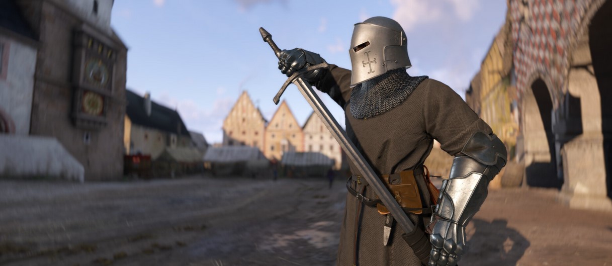 Obrnený šermiar s mečom na hernom zábere z Kingdom Come: Deliverance II