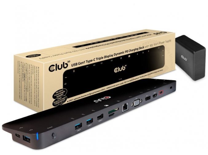 Club3D dokovací stanice USB-C 3.2 s napájecím adaptérem Triple Dynamic PD, 100 W  CSV-1564W100