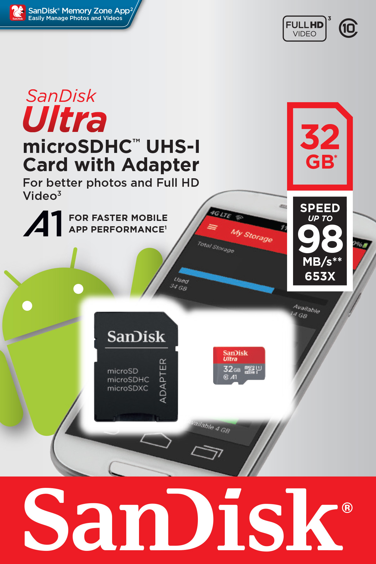 SanDisk microSDHC Ultra Android (+SD Adapter, 98 MB/s, Class10) - 32 GB