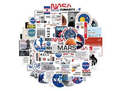 Velká sada vesmírných samolepek s logy NASA, misemi na Mars a programem Apollo
