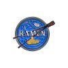 Vtipný modrý smaltovaný odznak RAMEN v designu loga NASA na bílém pozadí