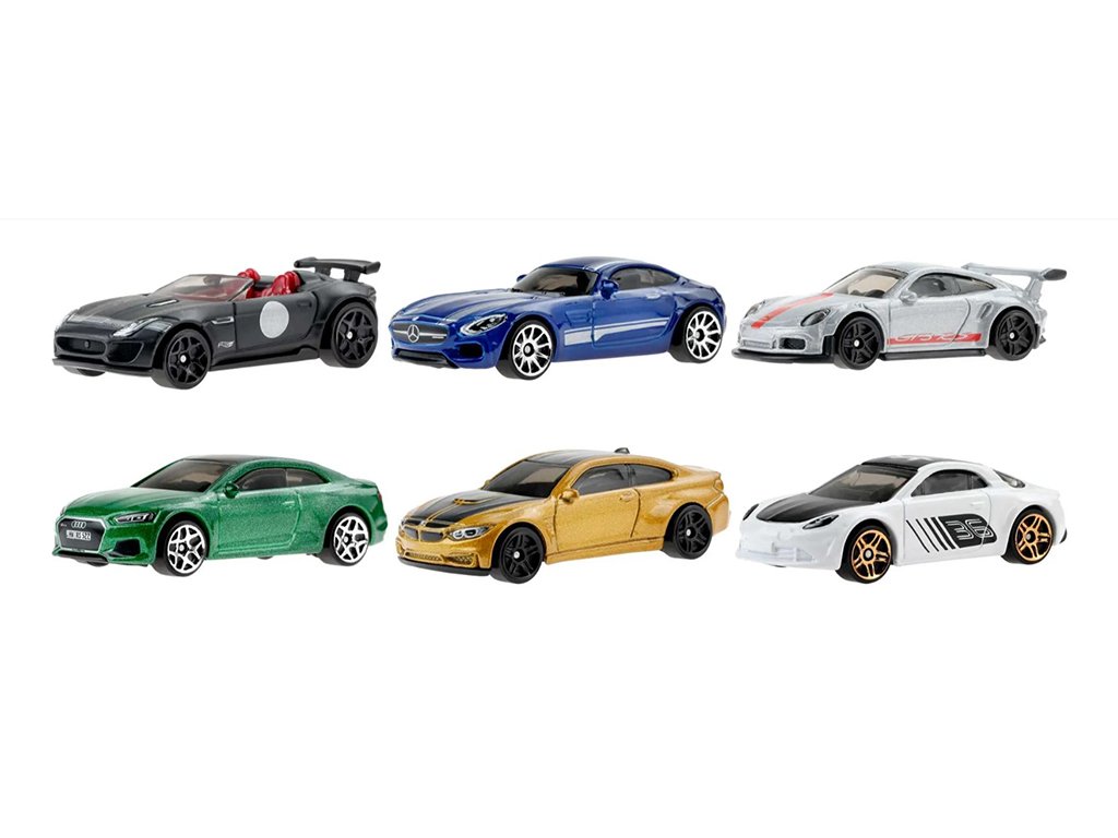 Sada 6ks Jaguar F Type, BMW M4, Audi RS5, Mercedes AMG, Porsche 911, Alpine A110 164 Hot Wheels (1)