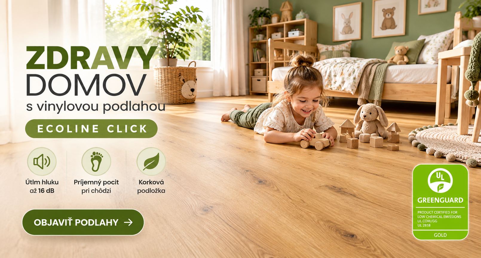 Zdravá vinylová podlaha Ecoline so zabudovanou korkovou podložkou, vhodná do domu a ľahkých komerčných priestorov.