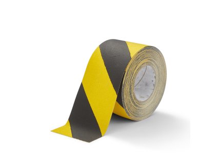 Černo-žlutá korundová snímatelná protiskluzová páska FLOMA Hazard Standard Removable - 18,3 m x 10 cm a tloušťka 0,7 mm