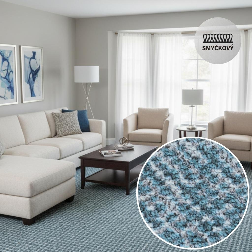 Modrý koberec Arco 73 v metráži, střižený vlas- Pokoj s gaučem a dvěma křesly.