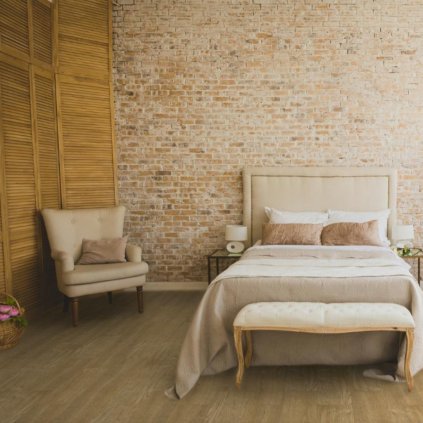 levné linoleum pvc trida zateze 22 vzor dekor dřevo prkna pouziti obývací pokoj ložnice barva hneda NAGANO Annapurna 554 interier