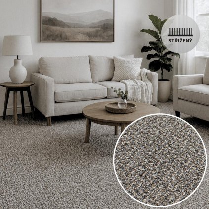 Luxury tweed 96 (Luxusní vzhled s anglickým tweedovým vzorem, obývák v šedé barvě, stolek, gauč
