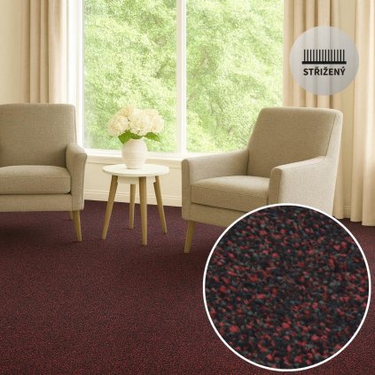 Tampa 25 Moderní melírovaný design - elegantní vzhled Vysoká odolnost - 100% polyamid červený metrážový koberec, obývák, dvě křesla a stolek