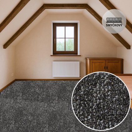 Marble 77 tmavě šedý koberec na půdě, metrážový koberec šedé barvy, skříň a okno