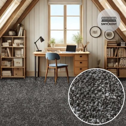 Marble 76 pokoj s metrážovým kobercem v šedé barvě, stolek a židle, skříně, lampička