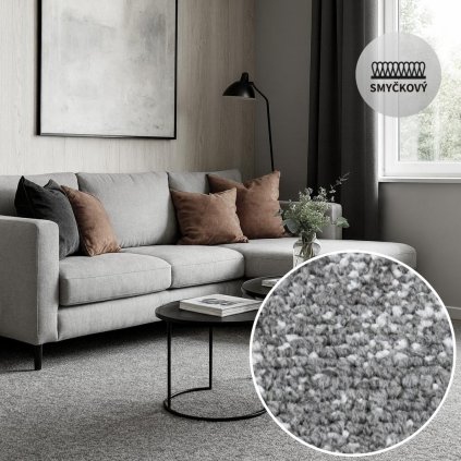 Marble 74 místnost, šedý koberec gauč, konferenční stolek lampička
