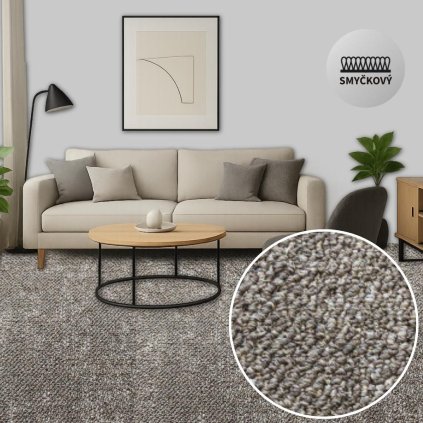 Marble 73 obívací pokoj, metrážový koberec v šedohnědé barvě, melírovaný, obývák a konferenční stolek
