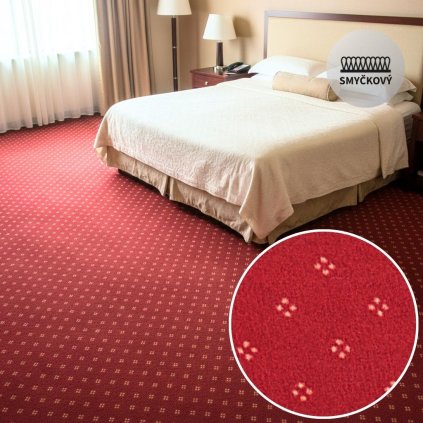 chambord 10 AB červený hotelový metrážový koberec, hotelový pokoj s postelý