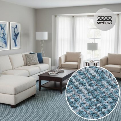 Modrý koberec Arco 73 v metráži, střižený vlas- Pokoj s gaučem a dvěma křesly.