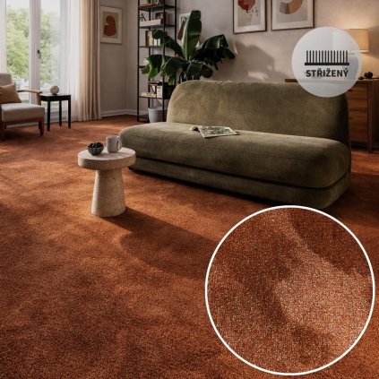 luxusní koberec metráž lesklý jemný lesklý rub filc barva oranžová cihlová SAPHIRA 6833 interier