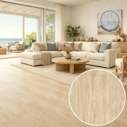 FORTEX 2906 světle hnědé PVC v obýváku s vybavením