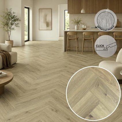 Herringbone Rigid Delicate Oak Oiled interiér kuchyně s obývacím pokojem