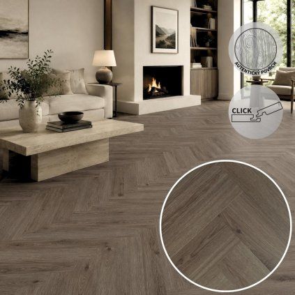 Herringbone Rigid Delicate Oak Walnut interiér obýváku rodinného domu