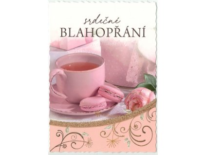 Pohlednice Srdečné blahopřání - čaj a makronky