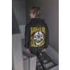 back view mockup of a man on a staircase wearing a hoodie with customizable sleeves m19907