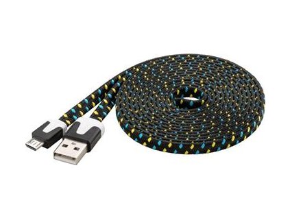 PremiumCord Kabel micro USB 2.0, A-B 2m, plochý textilní kabel, černo-modro-žlutý