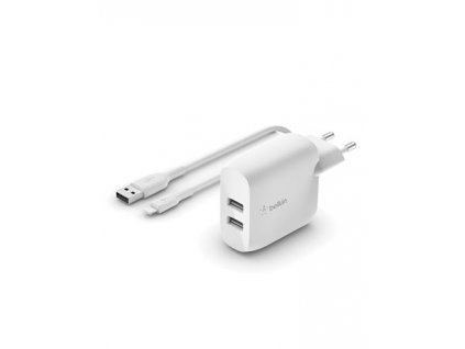 Belkin Duální USB-A nástěnná nabíječka 2x12W, lightning kabel, bílá