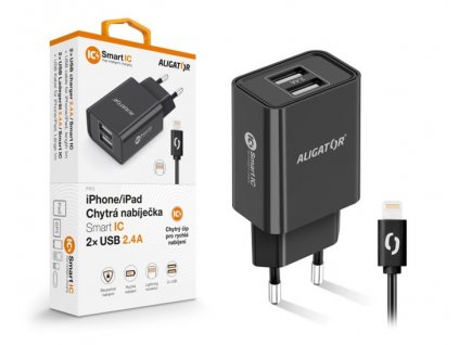 ALIGATOR 2,4A, 2xUSB, smart IC, černá, USB kabel pro iPhone/iPad