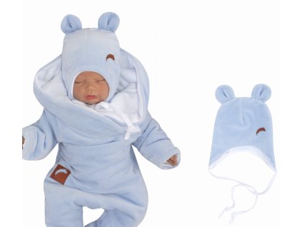 Z&Z Velurová čepice na zavazování s oušky, modrá (Velikost 68/74 (6-9m))