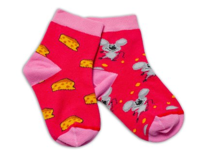 Baby Nellys Bavlněné veselé ponožky Myška a sýr - tmavě růžová (Velikost 104-116 (4-6r))
