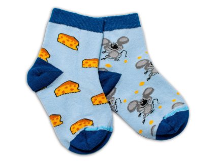 Baby Nellys Bavlněné veselé ponožky Myška a sýr - světle modré (Velikost 122-128 (6-8r))
