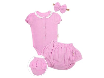 Baby Nellys 3-dílná mušelínová soupravička, body, kraťasky + čelenka GIRL, růžová (Velikost 68 (3-6m))
