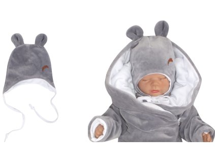 Z&Z Velurová čepice na zavazování s oušky, šedá (Velikost 68/74 (6-9m))