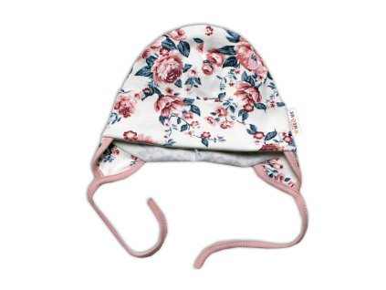 Baby Nellys Bavlněná čepička na zavazování - Anglická Růže, pudrová/granát/ecru (Velikost 74/80 (9-12m))