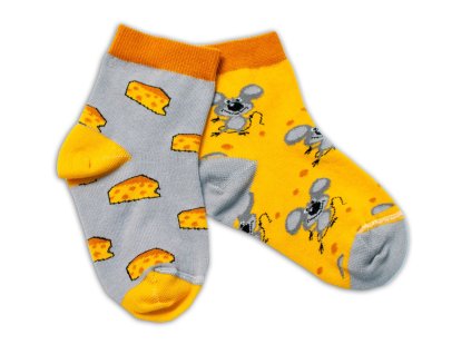 Baby Nellys Bavlněné veselé ponožky Myška a sýr - žlutá/šedá (Velikost 122-128 (6-8r))