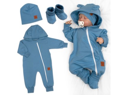 Rostoucí teplákový overal pro miminko, čepice, botky, 3D, Nature - tm. modrý (Velikost 56/62 (0-3m))