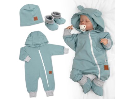 Rostoucí teplákový overal pro miminko, čepice, botky, 3D, Nature - ledová máta, šedá (Velikost 56/62 (0-3m))