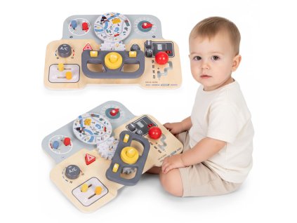 montessori manipulacni deska pro deti dreveny panel s volantem a prepinaci