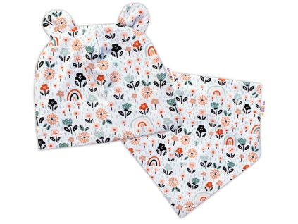 Baby Nellys Dvouvrstvá čepice s oušky + šátek Palouček, smetanová (Velikost 62-74 (3-9m))