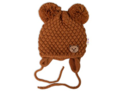 Zimní pletená čepice Teddy Bear na zavazování, hnědá, Baby Nellys (Velikost 56-68 (0-6 m))