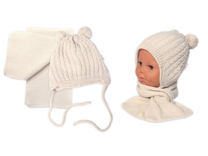 Zimní čepice na zavazování s bambulky + šál, Baby Nellys - béžová (Velikost 56/62 (0-3m))