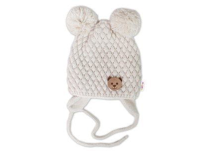 Zimní pletená čepice Teddy Bear na zavazování, ecru, béžová, Baby Nellys (Velikost 56-68 (0-6 m))