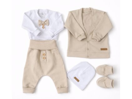 Bavlněná sada, body, kalhoty, motýlek a čepice Elegant Boy 5D, béžová/bílá (Velikost 56 (1-2m))