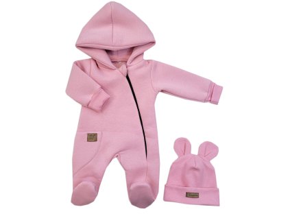 Oteplený dětský overal se šlapkama a kapucí + čepička, 2D, Kazum, růžový (Velikost 56 (1-2m))