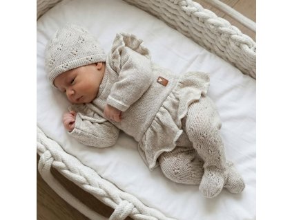 Pletená ažurková sada 4D, tunika, polodupačky, čepička + čelenka, oříšková (Velikost 56 (1-2m))