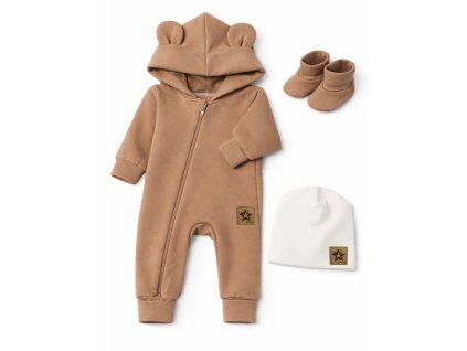 Rostoucí oteplený overál s čepičkou a botičkami, 3D - karamelový (Velikost 56/62 (0-3m))