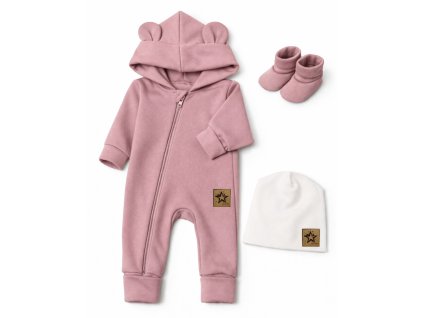Rostoucí oteplený overál s čepičkou a botičkami, 3D - pudrově růžová (Velikost 56/62 (0-3m))
