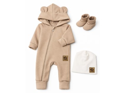 Rostoucí oteplený overál s čepičkou a botičkami, 3D - béžový (Velikost 56/62 (0-3m))